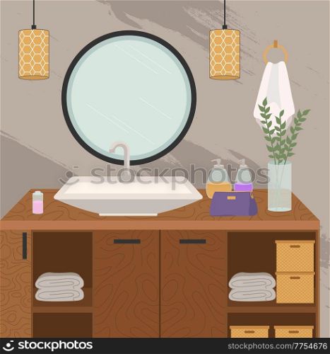 Modern sink table decorated with detergents and care products. Bathroom interior design concept. Design and layout of the room in a modern style. Equipment and items for interior vector illustration. Modern sink table decorated with detergents and care products. Bathroom interior design concept