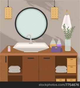 Modern sink table decorated with detergents and care products. Bathroom interior design concept. Design and layout of the room in a modern style. Equipment and items for interior vector illustration. Modern sink table decorated with detergents and care products. Bathroom interior design concept
