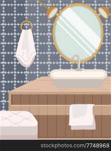 Modern sink table, mirror and bath towels flat vector illustration.. Bathroom interior design. Empty bath room. Dark design and layout of the room. Equipment and items for interior decoration. Modern sink table, mirror and bath towels flat vector illustration. Bathroom interior design