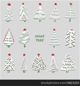 Modern sketch set with trendy stylized christmas tree Isolated on background for winter holiday decoration design. Snowy forest. Vintage style, flat color Abstract concept graphic Vector illustration. Modern sketch set with trendy stylized christmas tree Isolated on background for winter holiday decoration design. Snowy forest. Vintage style, flat color Abstract concept graphic