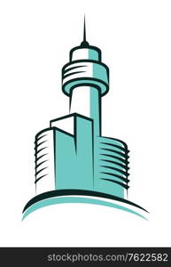 Modern skyscraper symbol with skyscrapers topped with high tower with a tall antenna