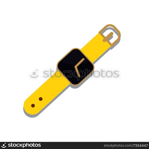 Modern smart clocks colorful vector illustration of isolated on white backdrop gadget with yellow strap, dark square display and golden watches arrow. Modern Smart Clocks Colorful Vector Illustration