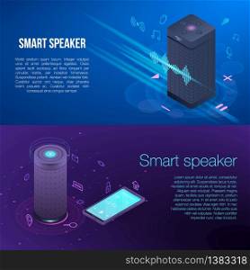 Modern smart speaker banner set. Isometric set of modern smart speaker vector banner for web design. Modern smart speaker banner set, isometric style