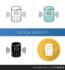 Modern smart speaker icons set. Voice command device idea. Virtual assistant. Wireless digital gadget. Portable music dynamic. Linear, black and color styles. Isolated vector illustrations