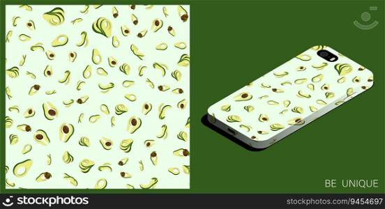 Modern smartphone in unique case decorated Avocado cutting fruit seamless pattern. Avocado wedges and slices. Isometric top view. Vector ornament for design of posters and accessory