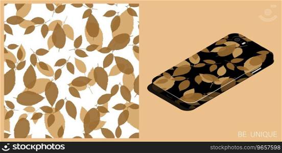 Modern smartphone in unique case decorated black silhouettes of ash leaves seamless pattern. Autumn fallen leaves of ash tree. Isometric top view. Vector ornament for design of posters and accessory