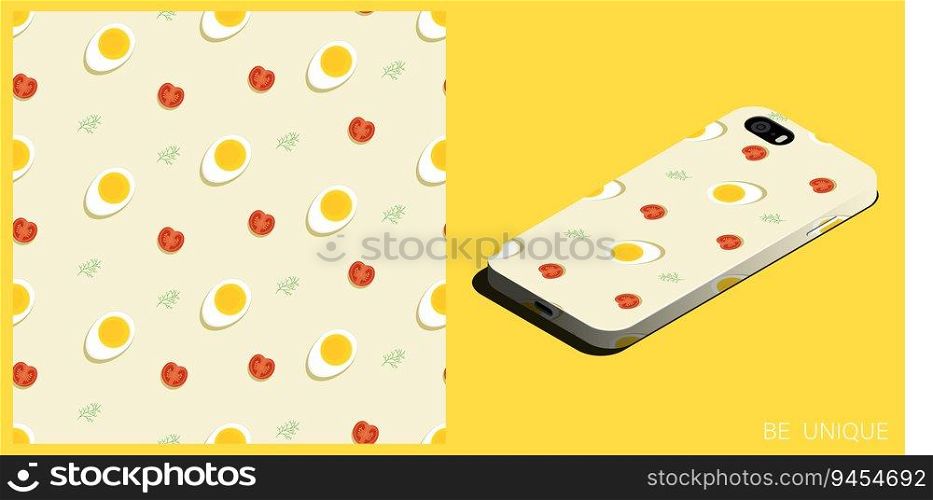Modern smartphone in unique case decorated seamless pattern with boiled egg, tomato and dill. Healthy breakfast. Isometric top view. Vector ornament for design of posters and accessory