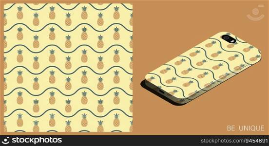 Modern smartphone in unique case decorated seamless pattern with juicy pineapple and wave lines. Harvesting tropical fruits. Isometric top view. Vector ornament for design of posters and accessory