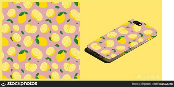 Modern smartphone in unique case decorated seamless pattern with whole lemon with piece of citrus. Lemon with zest and leaves. Isometric top view. Vector ornament for design of posters and accessory