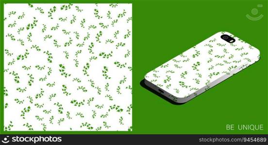 Modern smartphone in unique case decorated thin birch twigs and green leaves seamless pattern. Floral ornament. Isometric top view. Vector ornament for design of posters and accessory