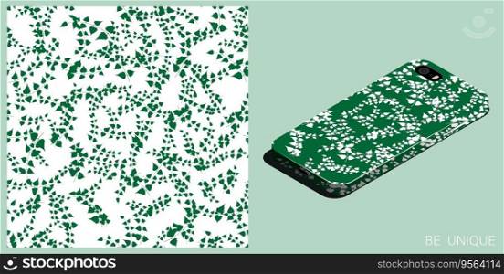 Modern smartphone in unique case decorated Thin birch twigs and green leaves seamless pattern. Floral ornament. Isometric top view. Vector ornament for design of posters and accessory