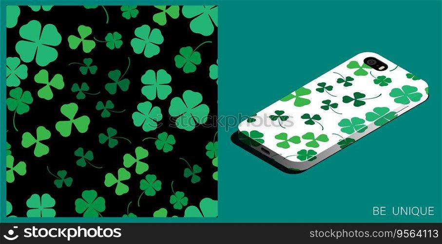 Modern smartphone in unique case decorated three and four leaf clover seamless patterns. Clover leaf floral ornament. Isometric top view. Vector ornament for design of posters and accessory