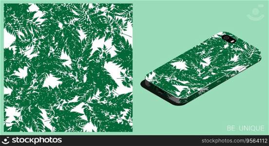 Modern smartphone in unique case decorated wild field grass parsley with meadow herbarium grass seamless pattern. Isometric top view. Vector ornament for design of posters and accessory