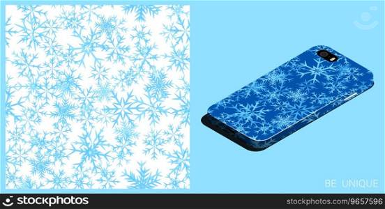 Modern smartphone in unique case decorated winter snowflakes. Six pointed fluffy snowflakes symbol of winter weather. Isometric top view. Vector ornament for design of posters and accessory