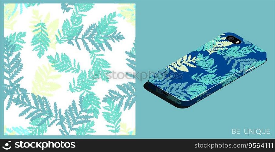Modern smartphone in unique case decorated wormwood leaves silhouettes of grass seamless pattern. Isometric top view. Vector ornament for design of posters and accessory