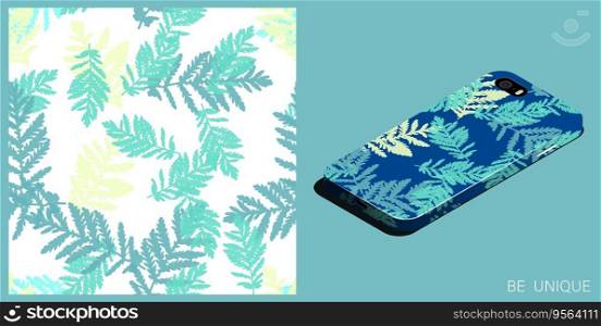 Modern smartphone in unique case decorated wormwood leaves silhouettes of grass seamless pattern. Isometric top view. Vector ornament for design of posters and accessory