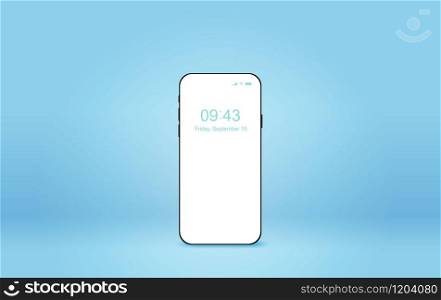 Modern smartphone mock-up.Creative Realistic mobile phone, isometric position.Presentation banner.Futuristic cellphone mockup on blue background isolate.Paper cut and craft style. Vector illustration