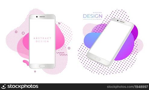 Modern smartphone mockup. Realistic white phones, mobile gadgets on bright abstract shapes. Advertising design elements, screen gadget advertising, display technology. Vector illustration. Modern smartphone mockup. Realistic white phones, mobile gadgets on bright abstract shapes. Advertising design elements vector set