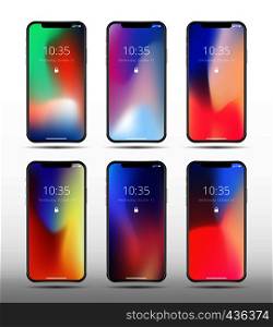 Modern smartphone vector mockups with abstract contemporary color screens. Interface smartphone screen, phone mockup wallpaper illustration. Modern smartphone vector mockups with abstract contemporary color screens