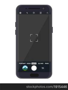 Modern smartphone with camera application. User interface of camera viewfinder. Focusing screen in recording time. Vector illustration flat style. Modern smartphone with camera application.
