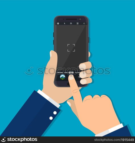 Modern smartphone with camera application. User interface of camera viewfinder. Focusing screen in recording time. Vector illustration flat style. Modern smartphone with camera application.style