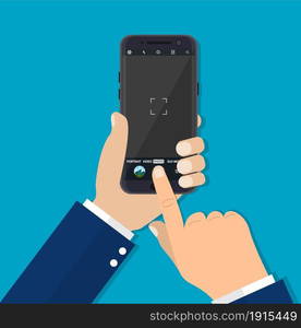 Modern smartphone with camera application. User interface of camera viewfinder. Focusing screen in recording time. Vector illustration flat style. Modern smartphone with camera application.style