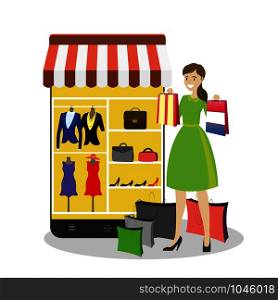 Modern Smartphone with clothing app store and beauty happy girl with shopping bags, flat design vector illustration. Modern Smartphone with clothing app store and beauty happy girl