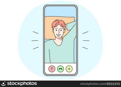 Modern smartphone with smiling young man on screen on video call. Happy male talk on webcam on mobile phone. Online communication. Vector illustration.. Smiling man talk on video call on smartphone