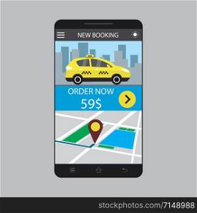 Modern smartphone with taxi booking app service on screen,vector illustration. Modern smartphone with taxi booking app service,