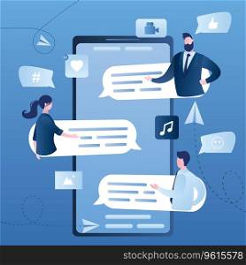 Modern smartphone with users communicating and various speech bubbles. Global internet communication, network technology and social media. Chat, message and forum concept. Trendy vector illustration