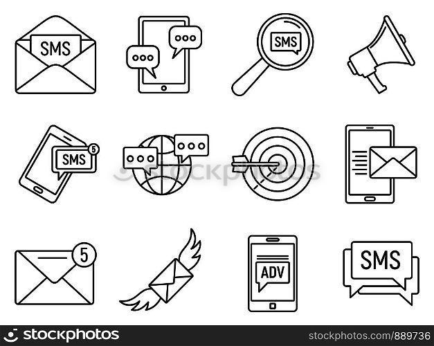Modern sms marketing icons set. Outline set of modern sms marketing vector icons for web design isolated on white background. Modern sms marketing icons set, outline style