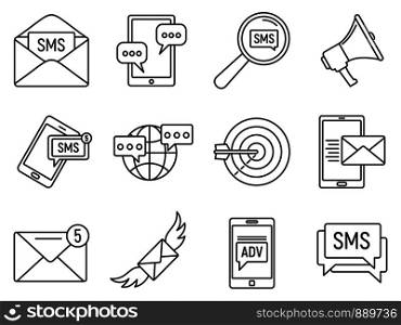 Modern sms marketing icons set. Outline set of modern sms marketing vector icons for web design isolated on white background. Modern sms marketing icons set, outline style