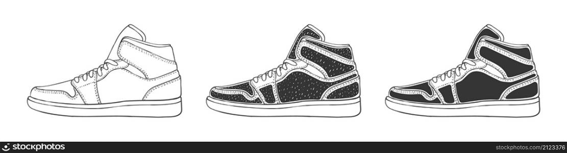 Modern sneakers set. Sneaker icons. Fashion footwear. Hand-drawn style shoes. Vector image