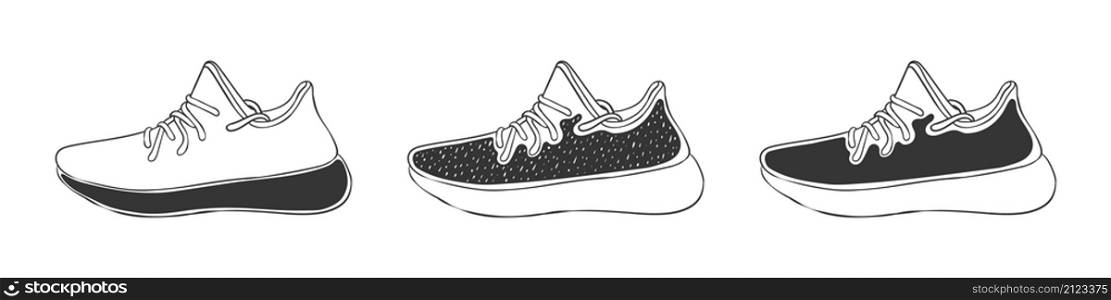 Modern sneakers. Sneaker icons. Fashion footwear. Hand-drawn style shoes. Vector image