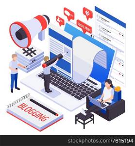 Modern social media marketing smm trends with blogging chatting messaging advertising content sharing isometric composition vector illustration
