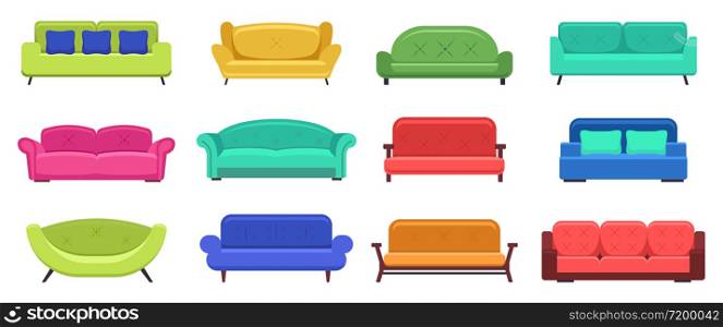 Modern sofas. Comfortable modern apartment couch, cozy sofas, house couch furniture, domestic sofas lounge. Vector isolated illustration set. Couch and sofa furniture, modern comfortable illustration. Modern sofas. Comfortable modern apartment couch, cozy sofas, house couch furniture, domestic sofas lounge. Vector isolated illustration set