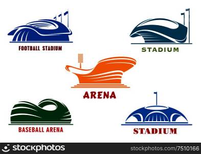Modern sport open stadiums and cup shaped arenas icons with colorful abstract buildings, flagpoles and mast with projectors. Architecture and sporting themes design . Icons of modern sport stadiums and arenas