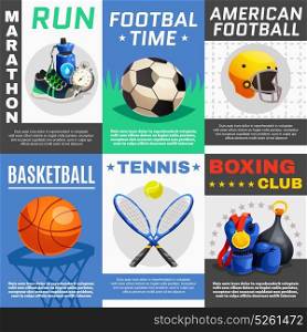 Modern Sport Posters Set. Six rectangular sport posters set with appropriate illustrations for different sports with description text vector illustration