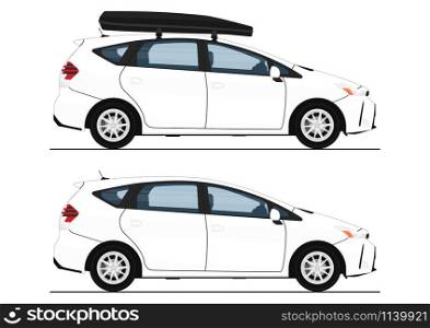 Modern station wagon. Side view of white station wagon with and without roof box. Flat vector.