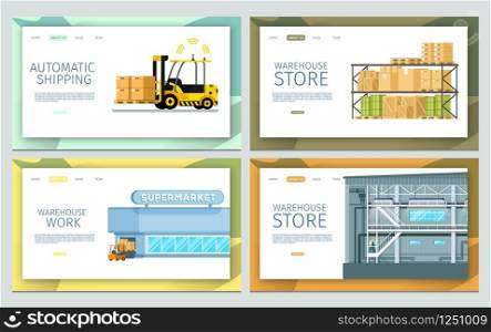 Modern Storage Service. Working Warehouse Set. Mechanical Factory Freight and Goods Delivery, Depot Work, Automatic Forklift Car Shipping Cardboard Box . Flat Cartoon Vector Illustration. Modern Storage Service. Working Warehouse Set