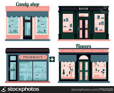 Modern stores set. Candy shop facade and urban book retail store. Local retail pharmacy and flowers boutique urban shopping retro street market building. Outdoor storefront vector isolated icon set. Modern stores set. Candy shop facade and urban book store. Local retail pharmacy and flowers boutique. Outdoor storefront vector set