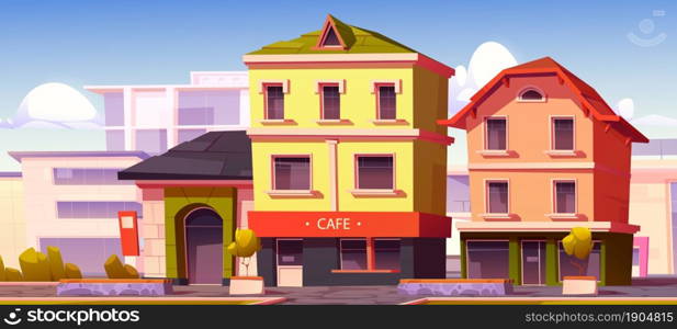 Modern street with cafe and shop buildings in European town. Vector cartoon illustration of city with empty sidewalk, restaurant facade and houses with windows and storefront. European city street with cafe and shop buildings