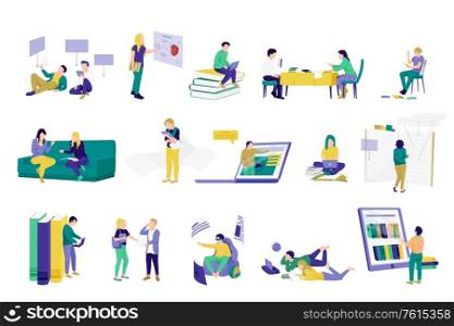 Modern students with paper books and electronic gadgets flat icons set isolated on white background vector illustration
