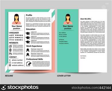 Modern style female resume and cover letter template. Vector illustration. Female resume and cover letter template