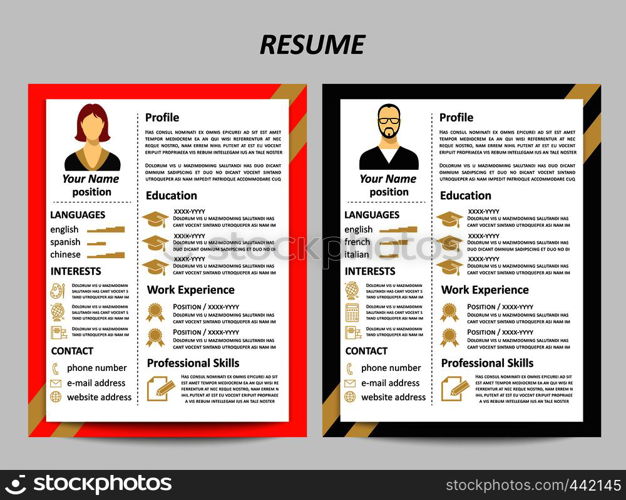 Modern style male and female resume templates with flat elements. Vector illustration. Male and female resume templates with flat elements