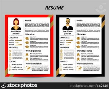 Modern style male and female resume templates with flat elements. Vector illustration. Male and female resume templates with flat elements