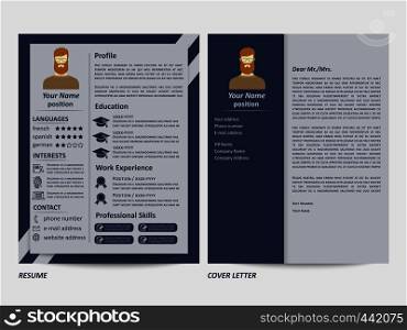 Modern style male resume and cover letter template. Vector illustration. Male resume and letter template
