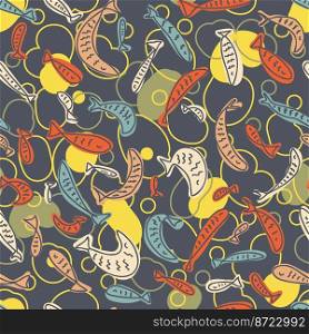 Modern style seamless pattern with fishes in the pond. Perfect print for tee, paper, textile and fabric. Animalistic vector background for decor and design.