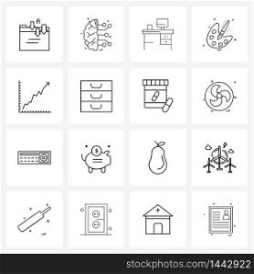 Modern Style Set of 16 line Pictograph Grid based graph, painting, decoration, studies, workplace Vector Illustration