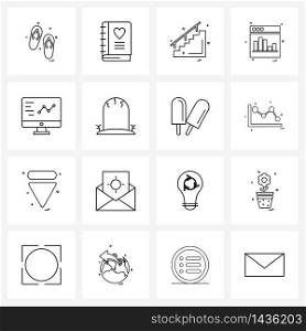 Modern Style Set of 16 line Pictograph Grid based grave, computer screen, home, research, websites Vector Illustration